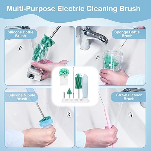 Miniatura 3 de Limpiador eléctrico de cepillo de botellas con soporte, limpiador automático recargable de botellas de agua con mango de extensión de acero