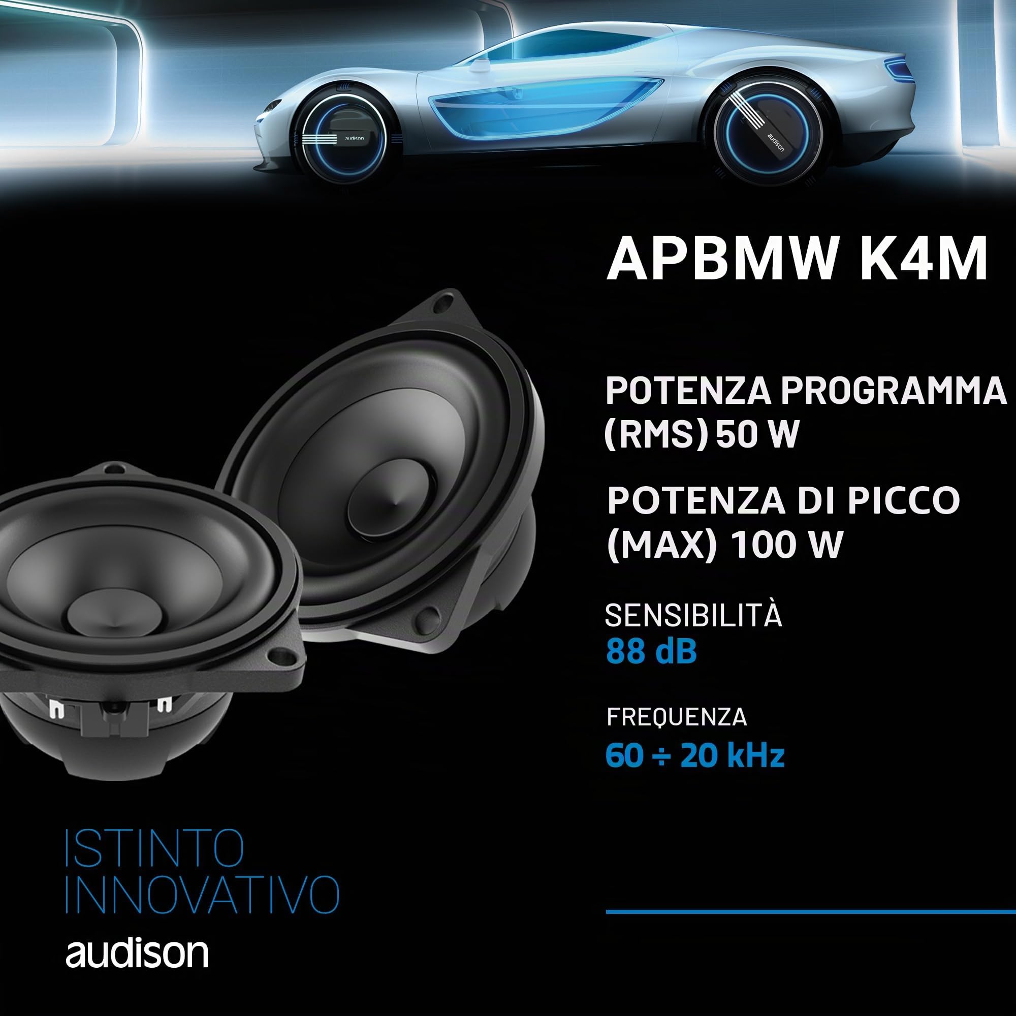 Audison APBMW K4M – Sistema audio a 2 vie specifico per BMW e Mini, midrange da 100mm + tweeter + crossover, 100W Peak, small basket per montaggio diretto OEM
