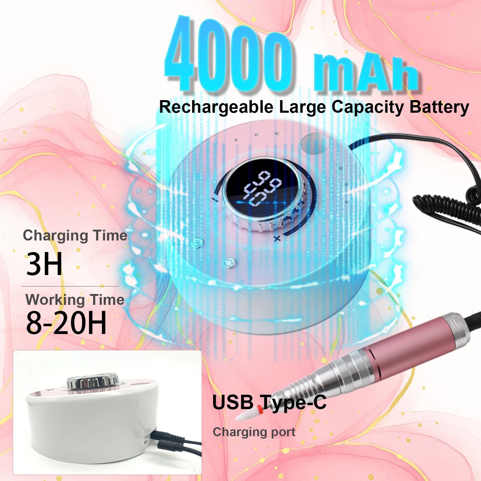Trapano elettrico per unghie con motore brushless, 40000 giri/min, lima professionale senza fili per rimozione di acrilico e gel, kit per manicure e pedicure ricaricabile con 12 punte per uso