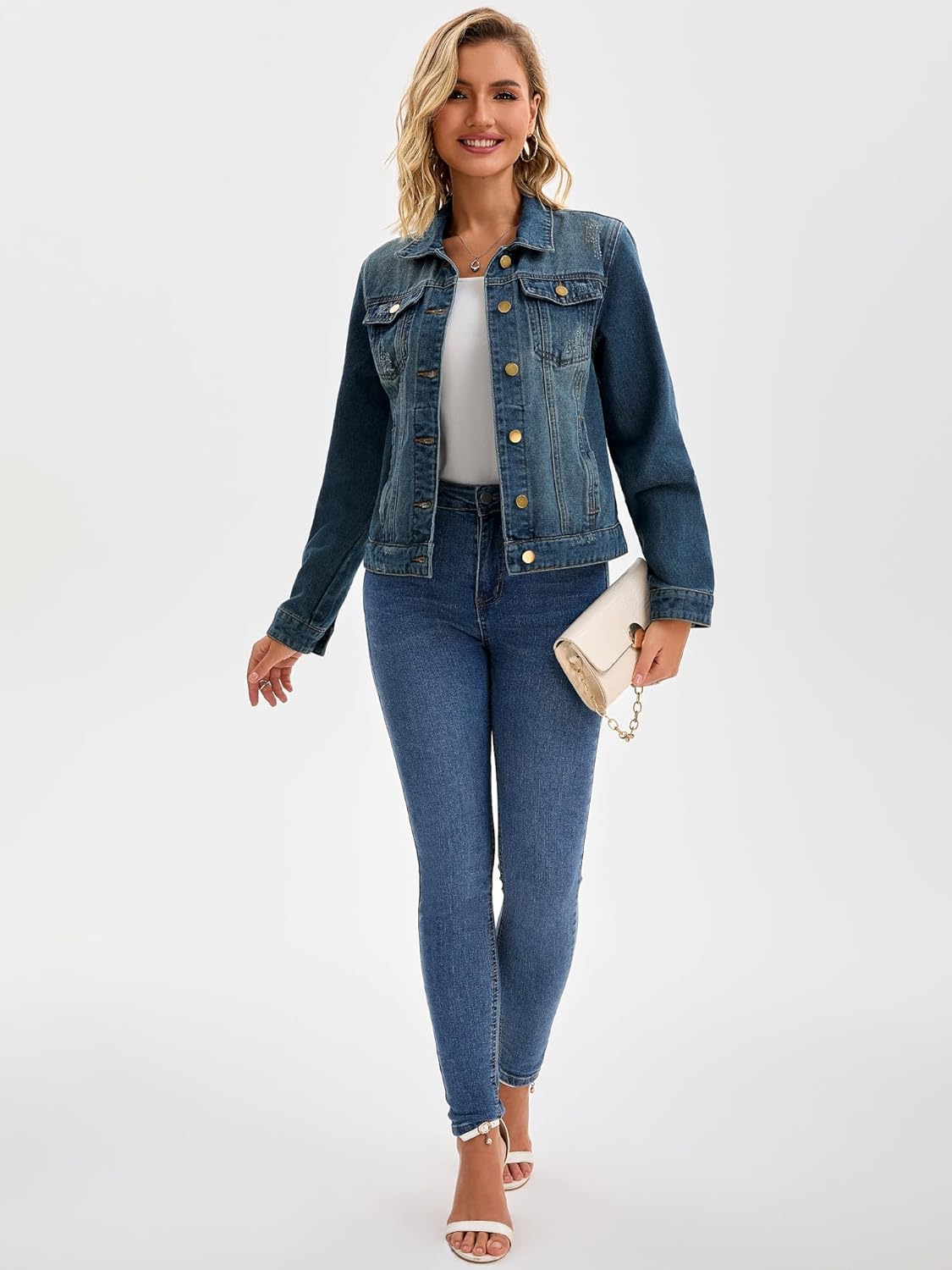 Womens Classic Jean Jacket 2026 Spring Washed Long Sleeve Denim Jackets with Pockets - Image 3