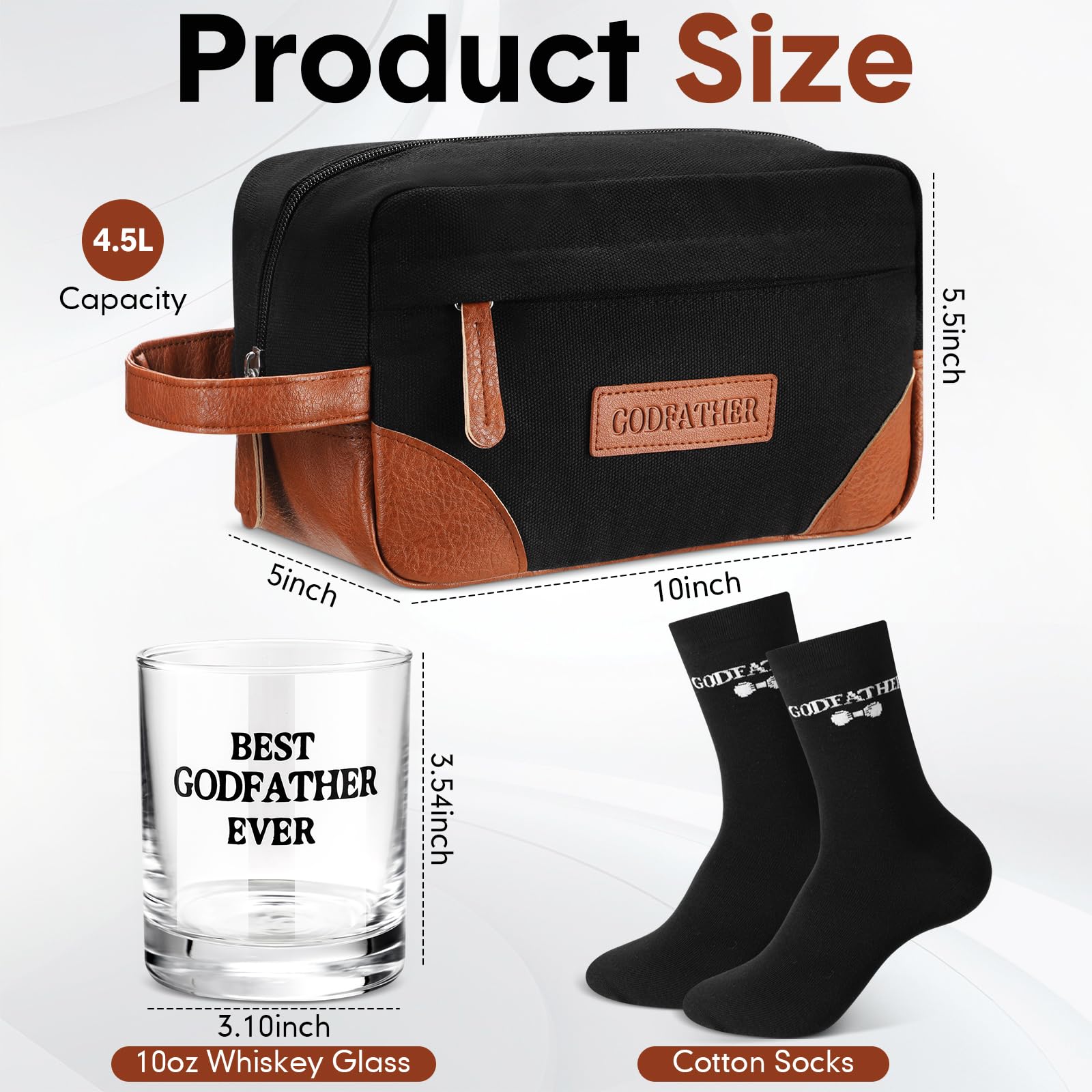 Honeydak 3 Pack Godfather Gift Set for Men Includes Whiskey Glass Funny Godfather Socks and Toiletry Bag with Leather Patch Birthday Proposal Gift from Godchild