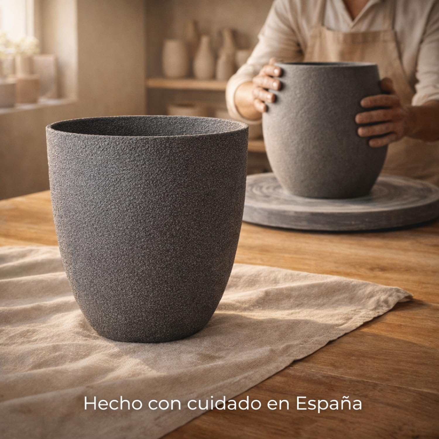 Maceta grande exterior 80x72 cm PRC antracita texturizada efecto piedra volcánica macetero alto jardín terraza diseño contemporáneo resistente clima ideal plantas gran tamaño decorativo