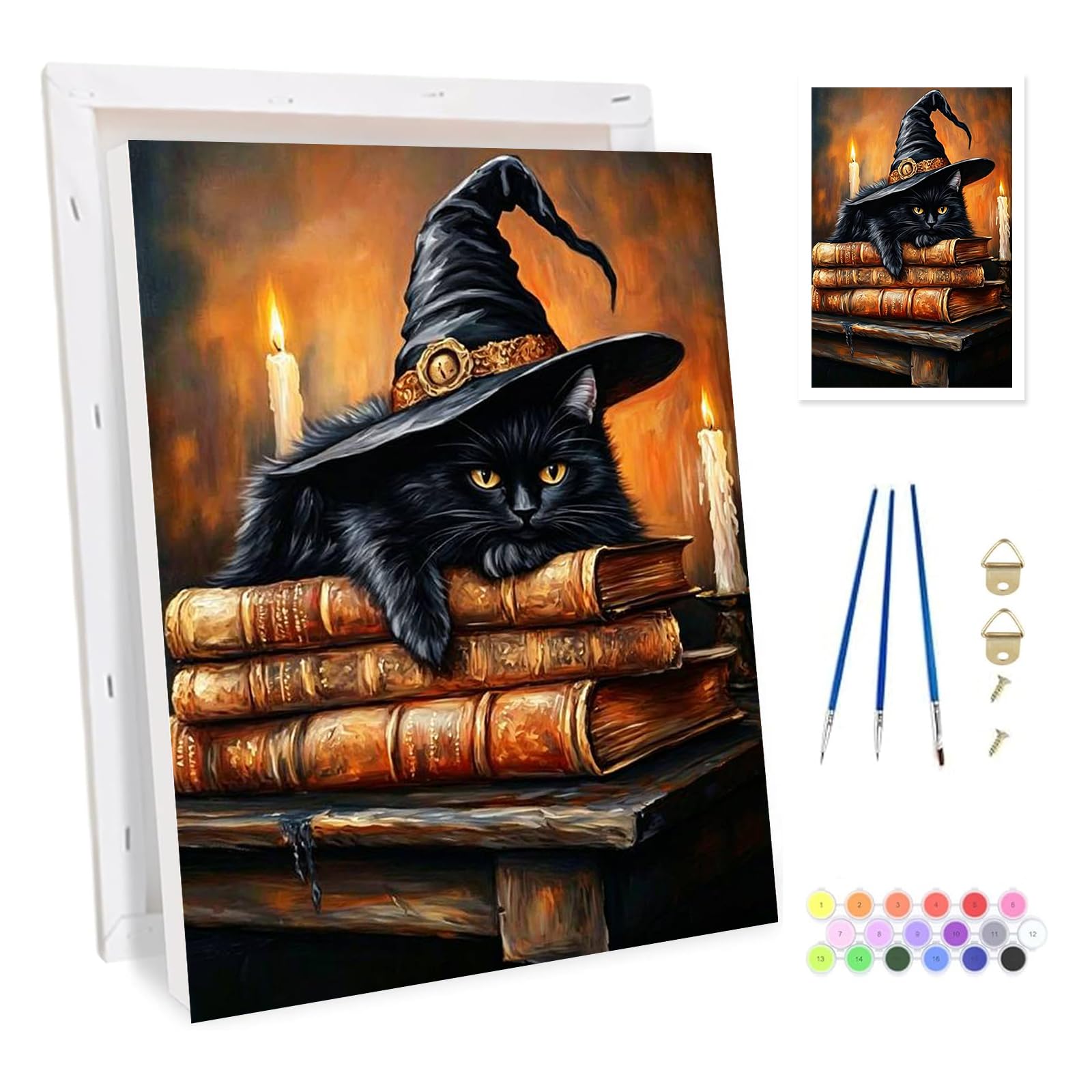 Bowetile Framed Pumpkin Paint by Numbers for Adults Canvas, Black Cat Painting by Numbers Kit for Beginners Canvas, DIY Color Oil Painting Acrylic Paints for Home Wall Decor20x30cm