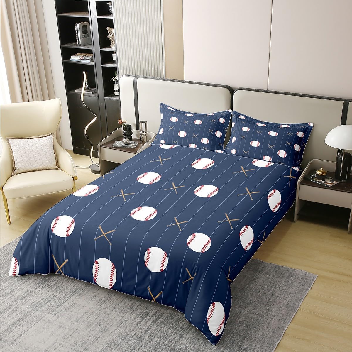 Castle Fairy Baseball Duvet Cover Set 100% Cotton,Boys Sports Theme Bedding Set for Bedrooom Decor,Ball and Baseball Bat Pattern All Season Comforter Cover,Full Size,No Comforter