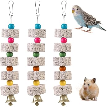 Pack of 3 Large Bird Chew Toy Mineral Stone Molar Tooth Toy with Bell Hanging Parrot Bird Teeth Grinding Stone Limestone for Budgies Cockatoo Parakeet Lovebird
