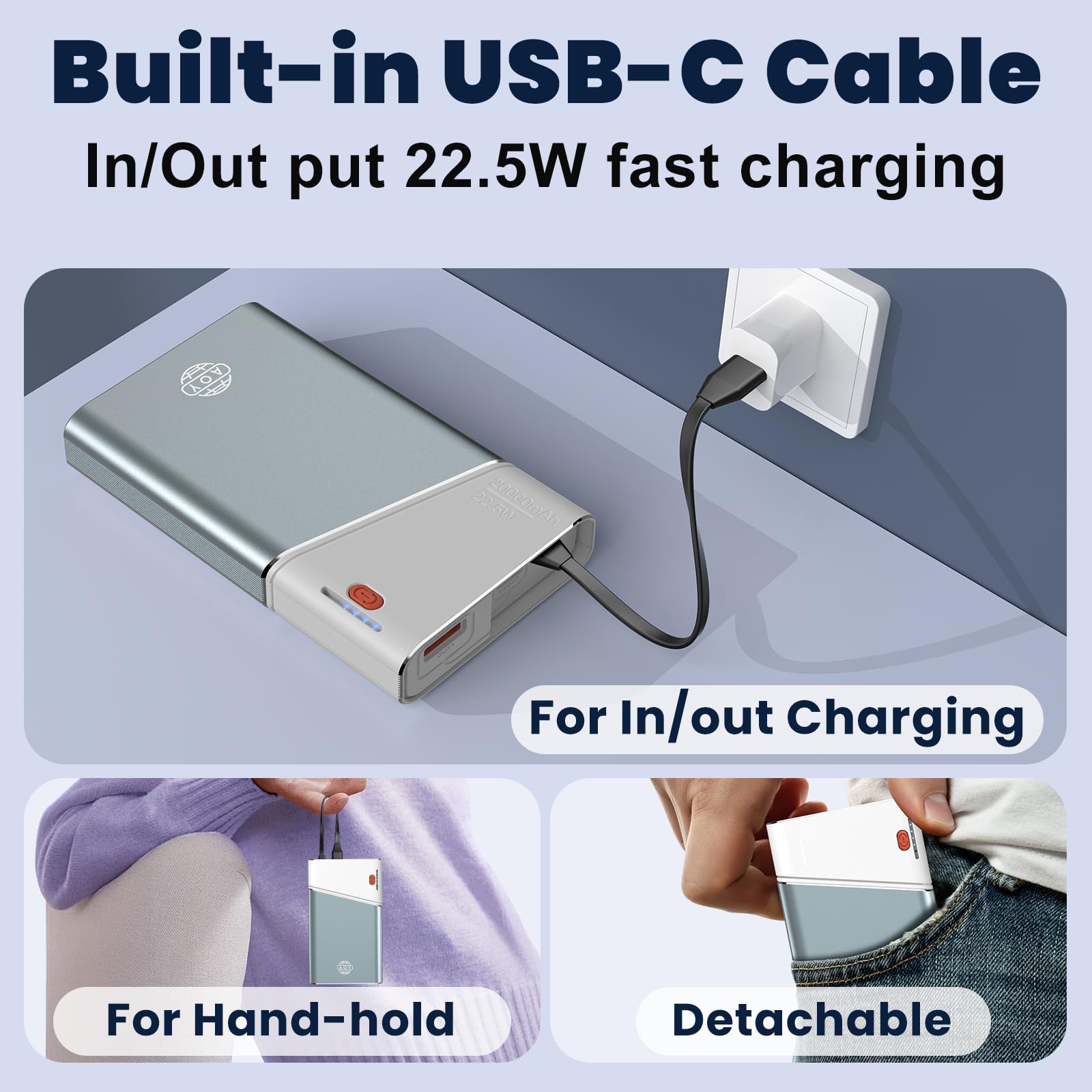 Aaoyun Portable Charger Power Bank, 20000mAh 22.5W PD Fast Charging Powerbank with Built-in USB C Cable, External Phone Battery Pack for iPhone 17/16/15 Samsung S24 Android etc view 6
