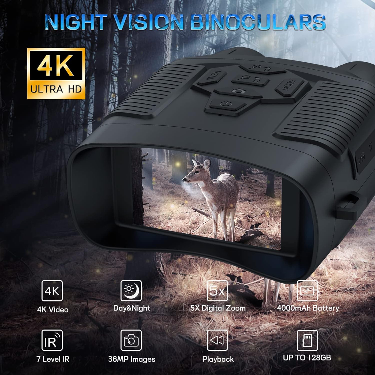 Profey Night Vision Binoculars showing the front view with screen and control buttons