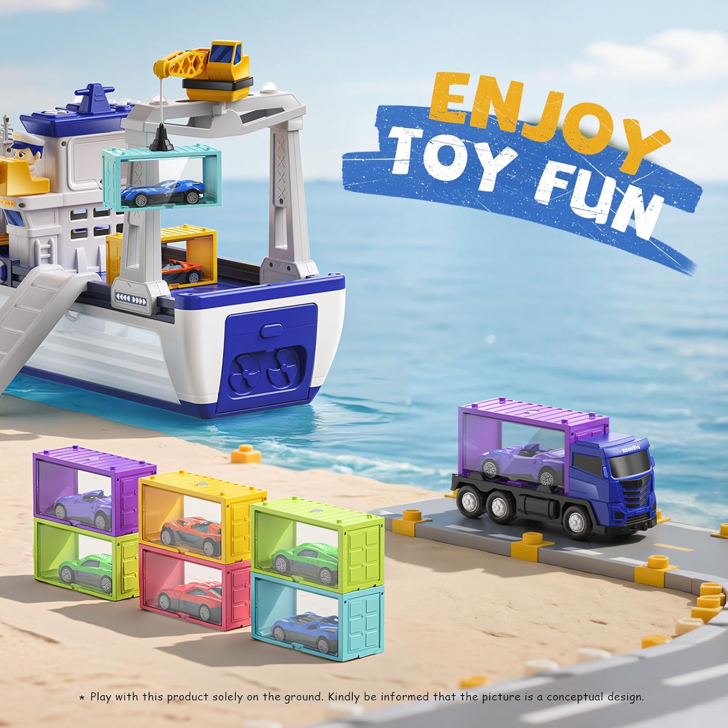 Cargo Boat Toys for 3 4 5 6 Year Old Boys Kids, Toy Boat and Crane Playset with 18 Pcs Die-Cast Cars, 8 Containers, 4 Sound and LED Light, Ideas Birthday Gifts for 3 4 5 6 Year Old Boys