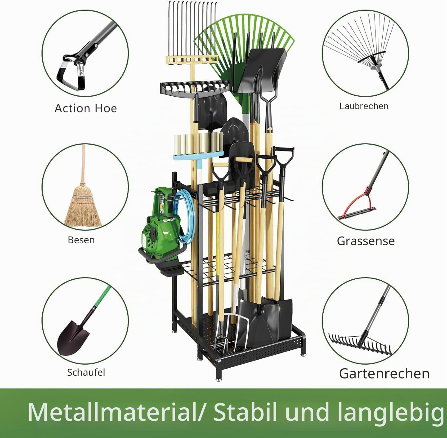 Generisch Schwerlast Gartengerätehalter mit Haken & Rollen – Werkzeugregal Metall für Garage, Schuppen, Hof – Platzsparender Garten WerkzeugständerBlack,with Wheels