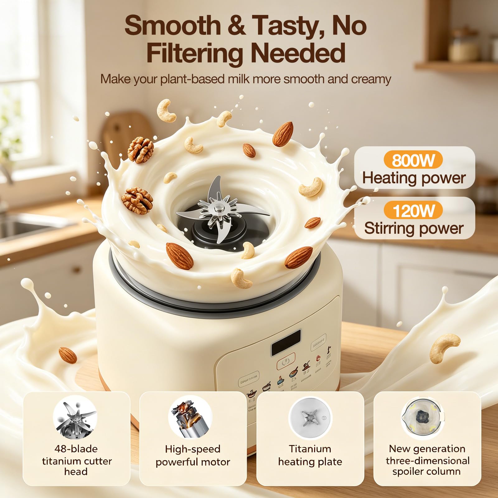 Macchina per il latte vegetale 10 in 1 1800 ml, macchina per il latte di soia con 48 lame titanio, timer 12H, mantenimento caldo, autopulizia, 800 W per latte vegetale casa mandorla, noce, avena