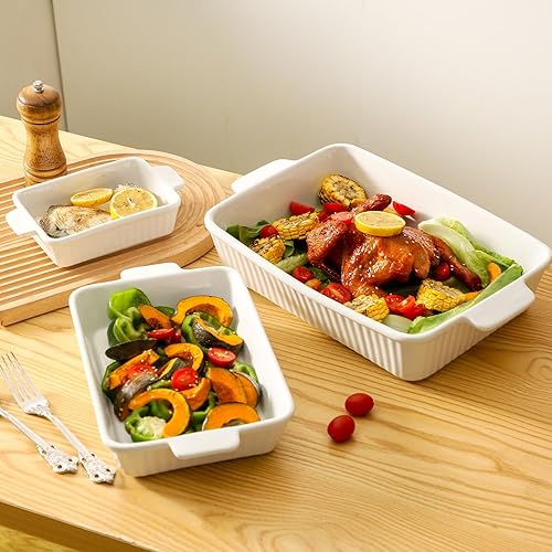 Miniatura 5 de Hasense Platos de cerámica para horno, cazuela, juego de 3, bandeja de lasaña de 9 x 13 pulgadas de profundidad, utensilios rectangulares para