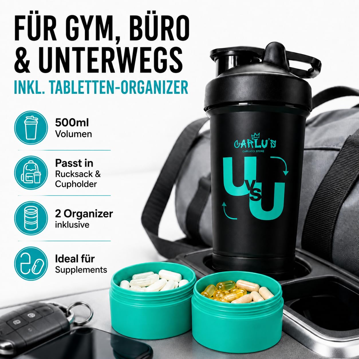 Carlu's Set di 2 shaker per proteine da 500 ml, 4 contenitori per polveri, 2 sfere di miscelazione in acciaio inox e 2 organizer per pillole, senza BPA, a prova di perdite, lavabile in lavastoviglie
