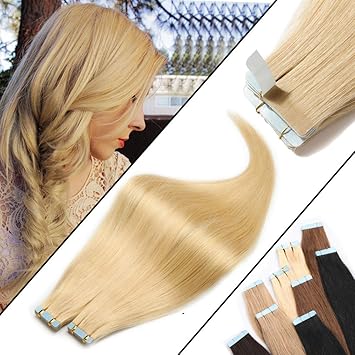Tape In Human Hair Extensions 14inch Bleach Blonde #613 Long Straight Seamless Skin Weft Hair Invisible Double Sided Tape 20pcs 40g+10pcs Replacement Tapes