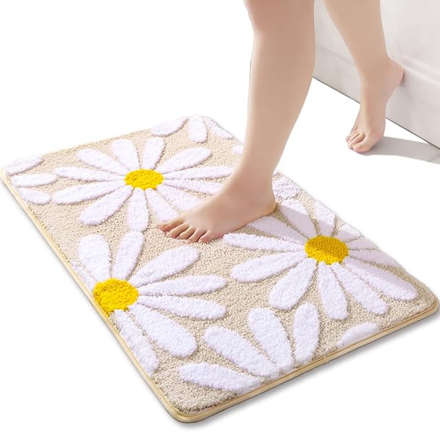 Beige Bath Mat White Flower Rug 40 x 60 cm, Non Slip Bath Mats for Bathroom, Soft Microfiber Bathroom Mat, Machine Washable Rug Durable Bathmat, Super Absorbent Floor Mat for Living Room, Shower