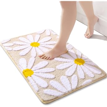 QJHOMO Beige Bathroom Rug Cute Daisy Bath Mat Non-Slip Washable Bath Mat White and Yellow Flower Bath Mat Soft Shower Mat Absorbent Bathroom Rug 40 x 60 cm