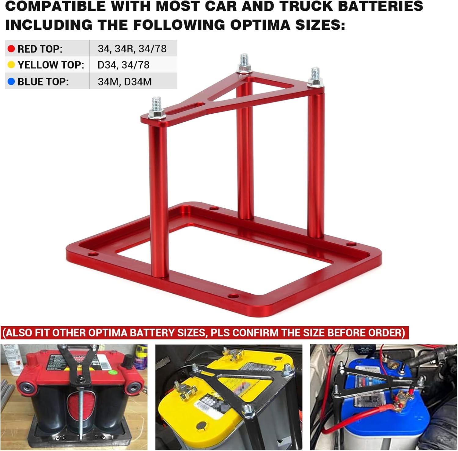 Battery Tray Hold Down Bracket Battery Relocation Kit Trunk for Optima Batteries 34 34R 34/78 D34 D34/78 34M D34M (red)