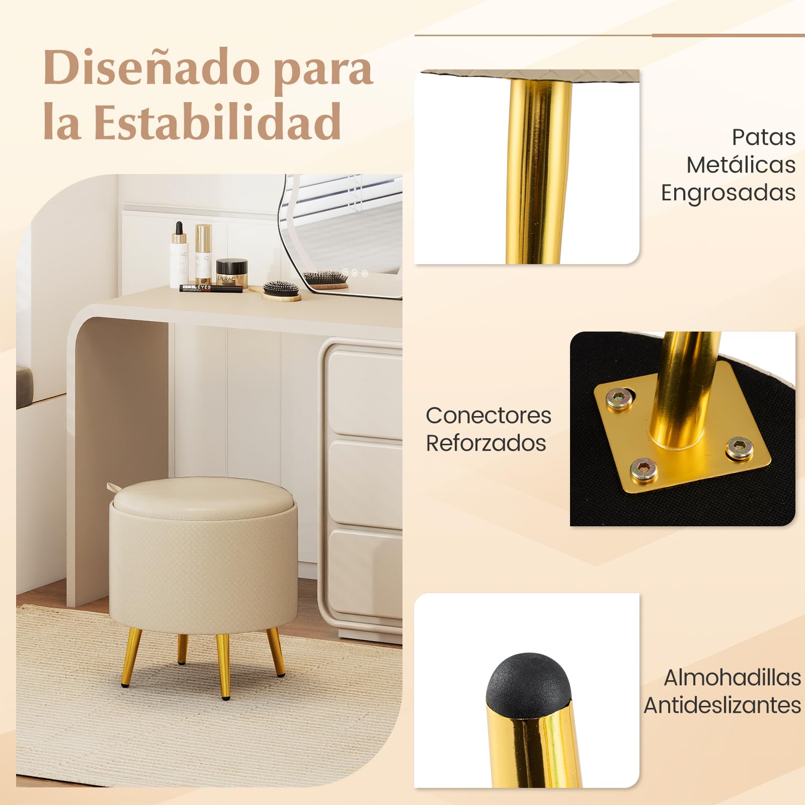 COSTWAY Juego de 2 Puff Almacenaje 23L + 6L, Taburete Tocador Redondo de Piel Sintética con Bandejas de Tapa Abatible, Patas Metálicas Doradas, Mesita Auxiliar y Reposapies en uno para Entrada, Salón