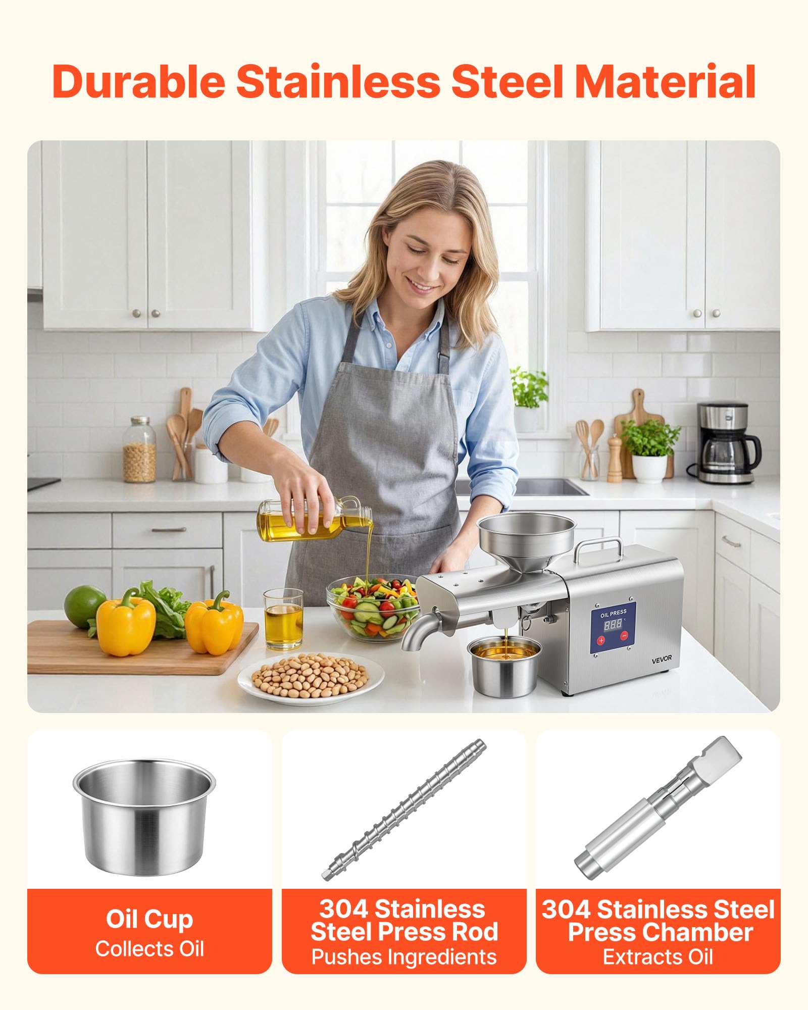 VEVOR Máquina de Prensa de Aceite Eléctrica 750 W, Extractor de Aceite 3,75 kg/h, Prensado en Caliente 50-300 °C, Exprimidor de Acero Inoxidable, Uso Doméstico y Comercial, para Cacahuetes, Soja