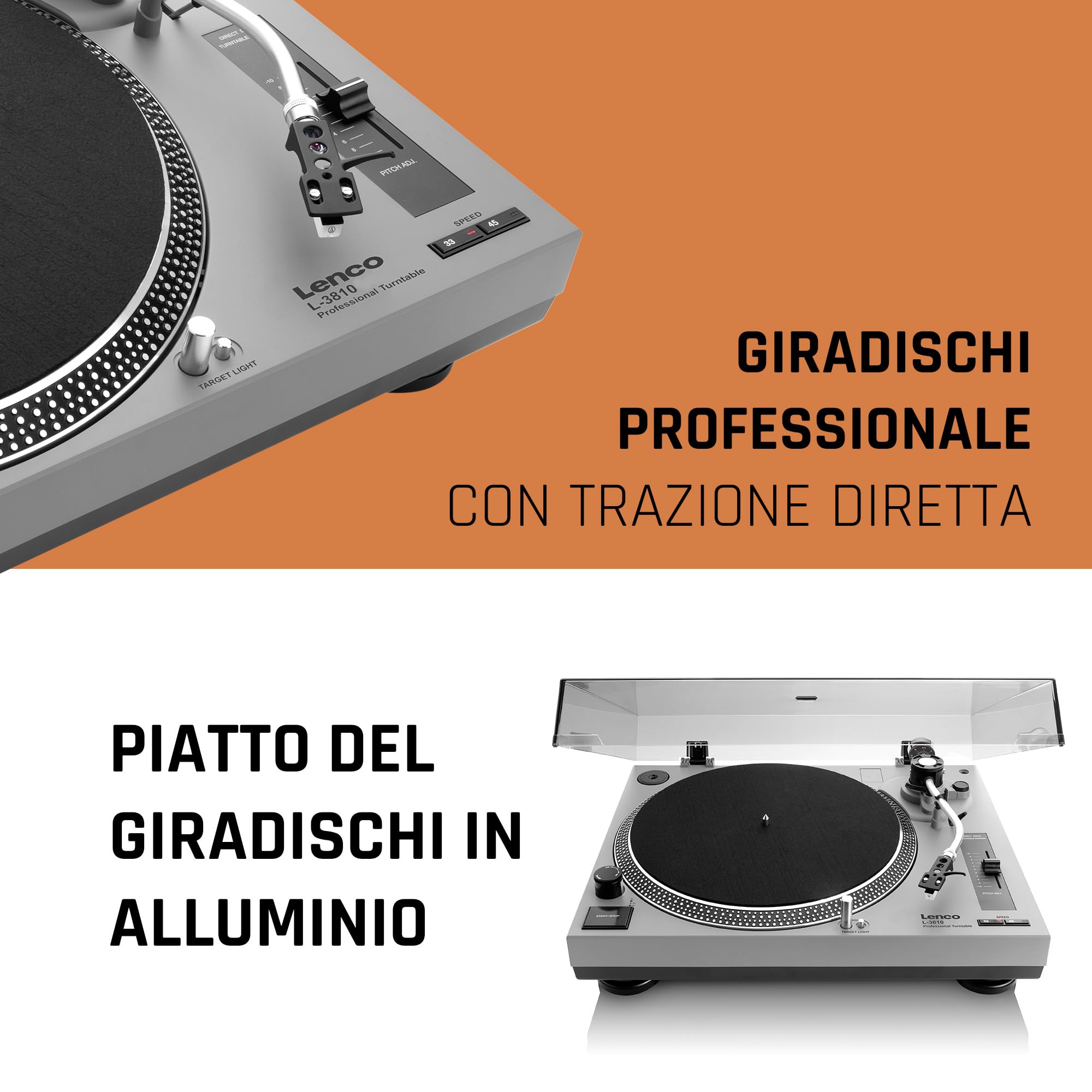 Lenco L-3810 Giradischi con azionamento diretto – Giradischi DJ – 33/45 giri/min – Pitch Control – Sistema di pickup magnetico – Illuminazione ago – Pitch Control – Grigio opaco