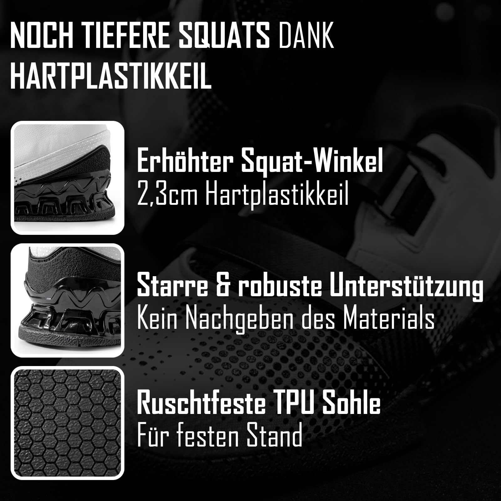 Strength Shop 1 Paar, Gewichtheberschuhe Herren & Damen mit Hartplastik-Keilabsatz (2,3cm), extrem rutschfest & stabil, Weightlifting Shoes mit starrer Gummi/TPU Sohle & Doppelverschluss