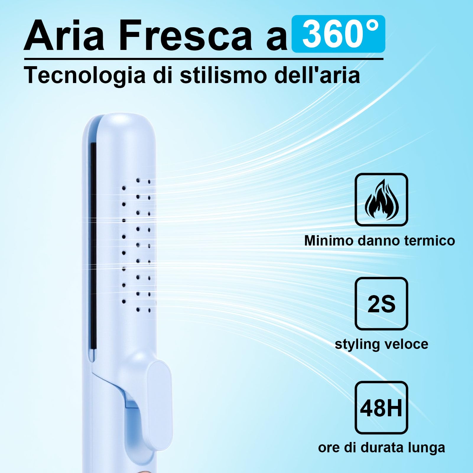 Piastra Capelli con Aria Fredda & ionica, 5 Temp. 140–220 °C | Piastra arricciacapelli 2-in-1, corpo termoprotetto, piastre ceramica tourmalina, 110-240V, cavo 2 m, cavo girevole a 360°