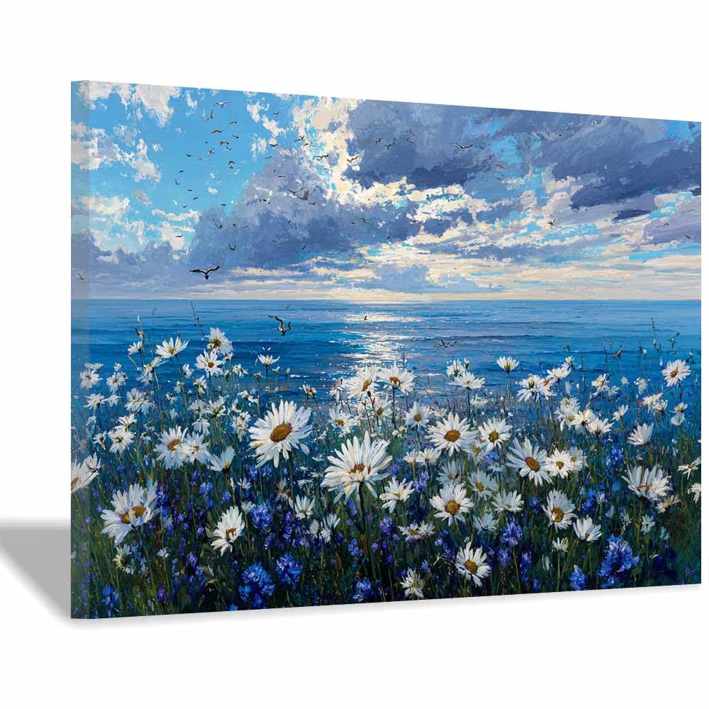 HOQIU Wall art for home decor Coastsal Daisy's Meadow canvas artwork for wall, art prints, For living room, bedroom, bathroom, dining room, painting and decor.(Multicolor)-30x40cm Framed