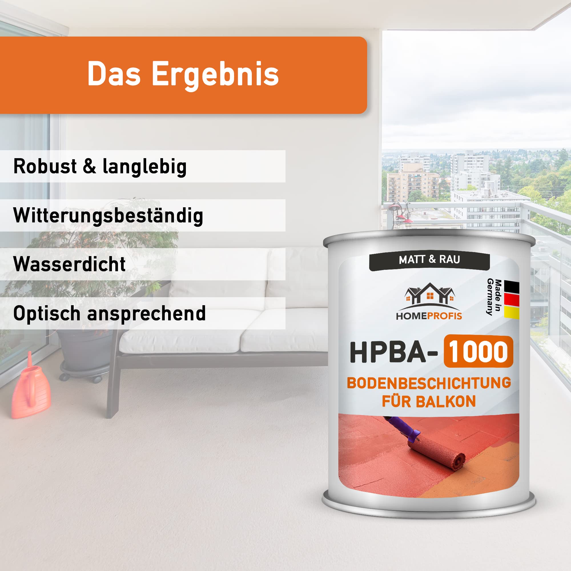 Home Profis® matter Balkonboden rutschfest (5m²) | 30 Farben | Beton, Estrich & Fliesen | Flüssigkunststoff Bodenfarbe Außen | 2K Epoxidharz Bodenbeschichtung | RAL 9010 Reinweiß | HPBA-1000