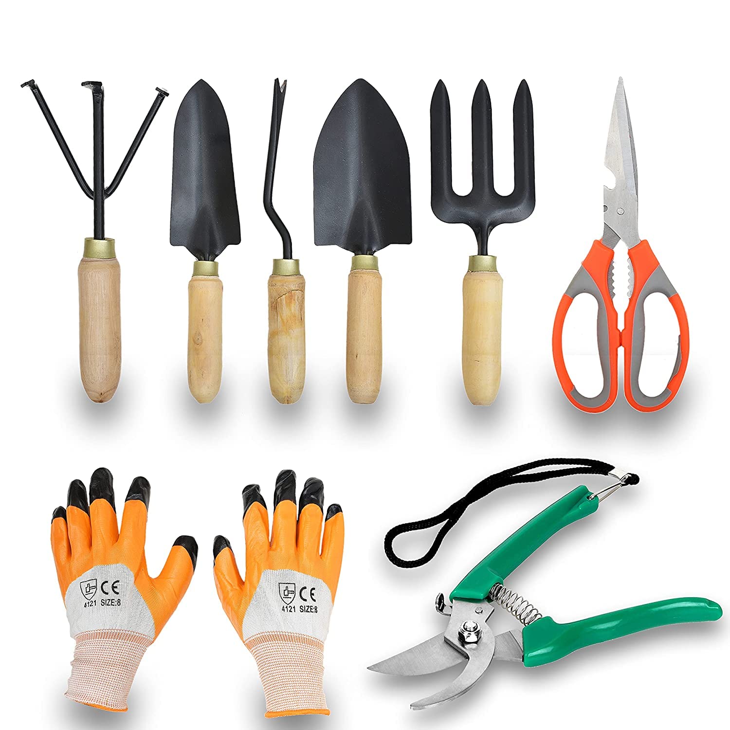 JetFire Set 8 Gardening Tool Set with Wooden Handle,Quality Gardening Work Set of Cultivator, Hand Rack, Weeder, Trowel, Pruner Garden Tool Kit (8 Tools) (B09R4PX661) Amazon Price History, Amazon Price Tracker