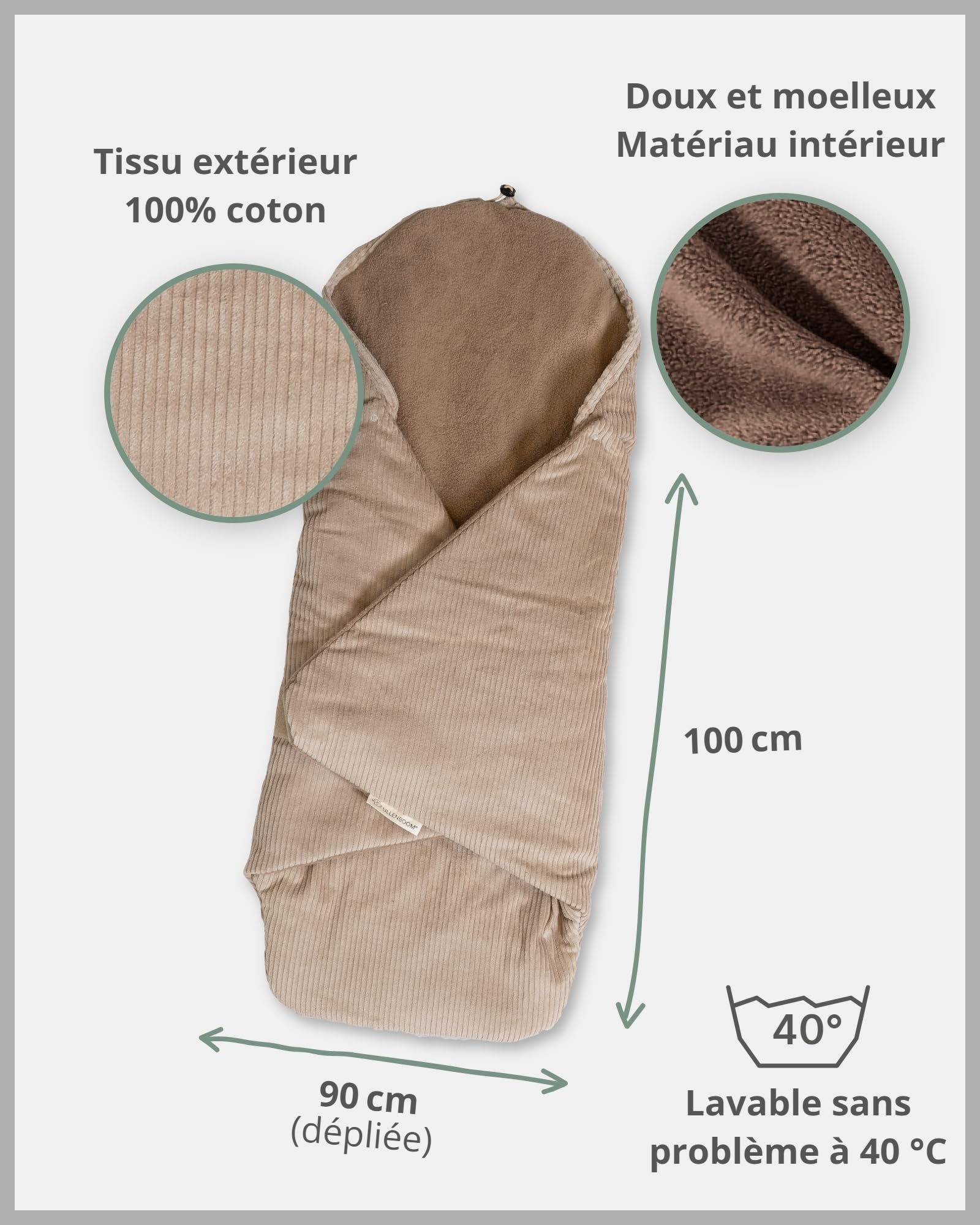 ULLENBOOM Couverture Emmaillotage Bébé - Idéal comme Couverture Siège Auto Bébé, Chancelière Universelle pour Poussette, 0-9 Mois, Pour l'automne et l'hiver, Velours Côtelé Sable