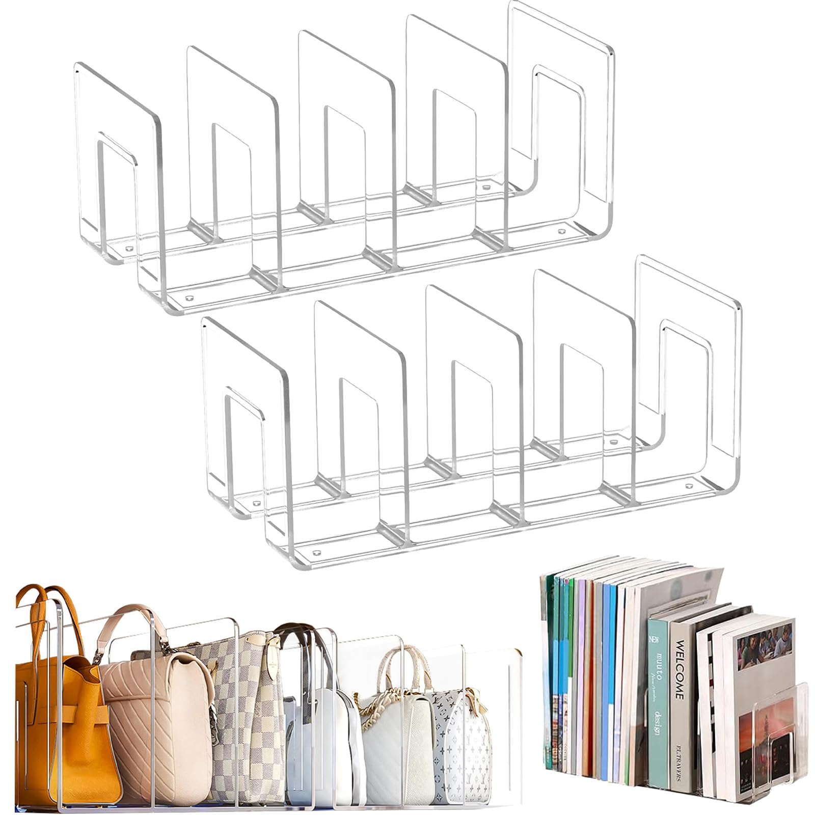 2PCS Clear Acrylic Handbag Storage Racks,Space-Saving Desk Organizer,Purse Shelf Stand,Clutter-Free Display,Tabletop Fixed Book Holder for Home Closet Organization and Decoration 12.6x5.7x5inch