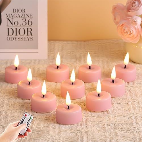 Eywamage Velas votivas de cera sin llama rosa con temporizador remoto, juego de 10 velas votivas de té con batería LED parpadeante