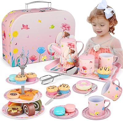 Kids Tea Party Set for Little Girls Birthday Gift Toys for 3 4 5 6 7 8 Year Old Girls, Cute Princess Play Toddlers Tin Tea Set, 35pcs Pretend Toys with Desserts, Flower Teapot & Teacup & Carrying Case