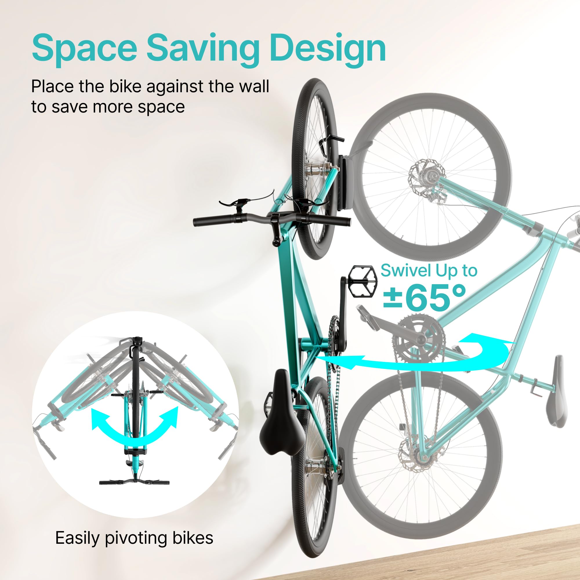 PEGZONE Paquete de 4 soportes de pared giratorios para bicicleta, colgadores de pared para garaje, soporte de pared para bicicletas, ahorro de espacio, soporte de pared estable, soporta hasta 35 kg