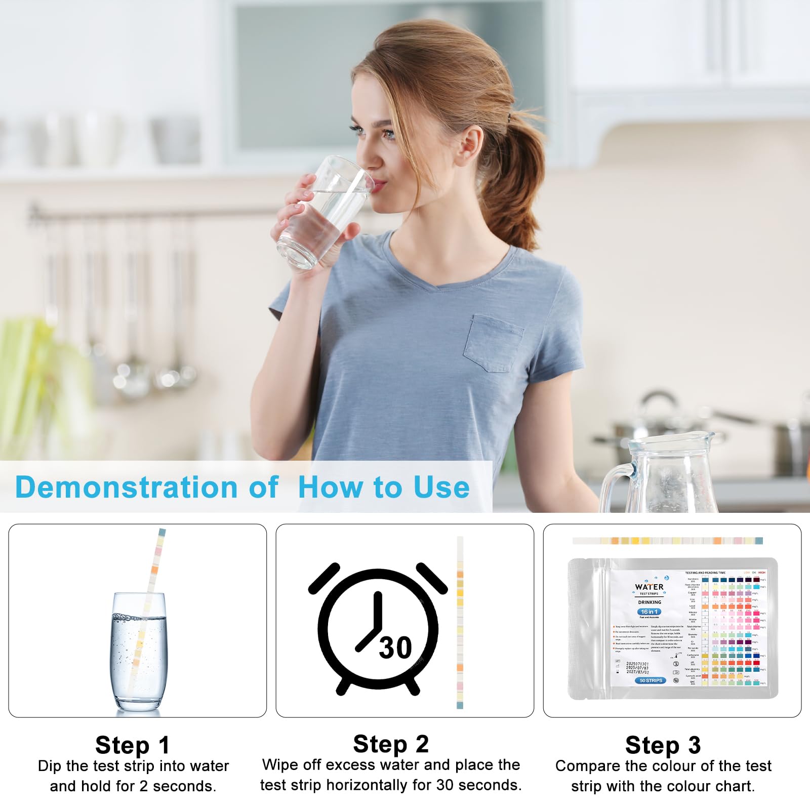 TNSLAND 16 en 1 Test eau Potable, 50 Pièces Test de La Dureté de L'Eau, Kit Analyse Eau, Test du PH, Plomb, Fer, Cuivre, etc., Convient pour L'Eau du Robinet Domestique, Aquariums, Les Piscines