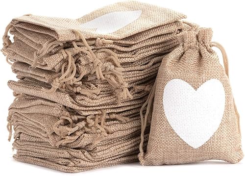 Shallylu 50 bolsas de regalo de arpillera con cordón, bolsas de lino con cordón de arpillera, bolsas de joyería para bodas, cumpleaños, Navidad,