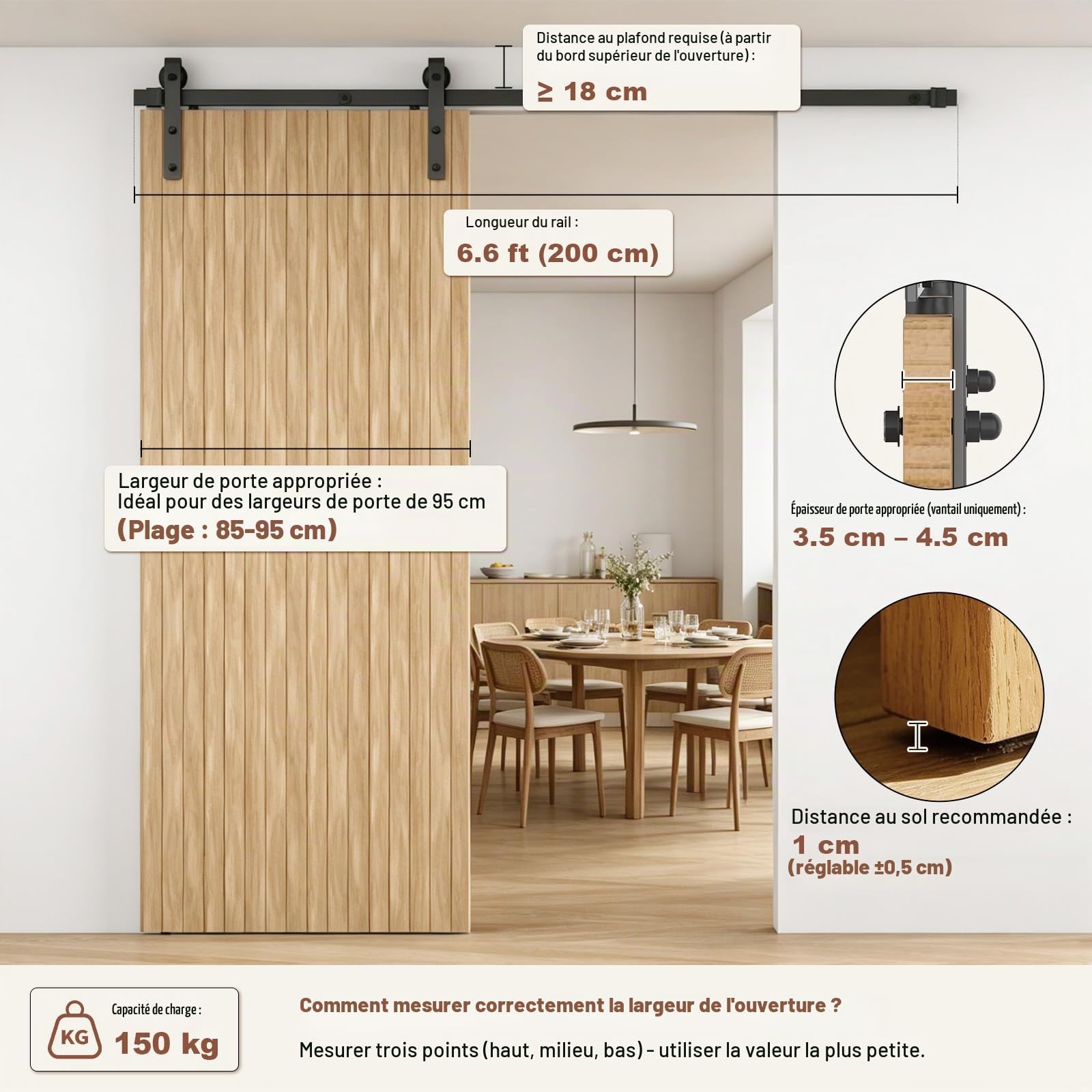 Kit complet de porte coulissante 200 cm, pour un poids de porte jusqu'à 150 kg, largeur de porte 85-95 cm et épaisseur 35-45 mm, avec glissière, roulettes, guidage au sol, acier au carbone noir
