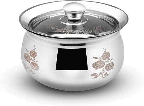 Expresso Stainless Steel High Polished Steel Handi | Serving Pan| Steel Pot | Dahi Handi | Biryani Pot with Lid 1000ML