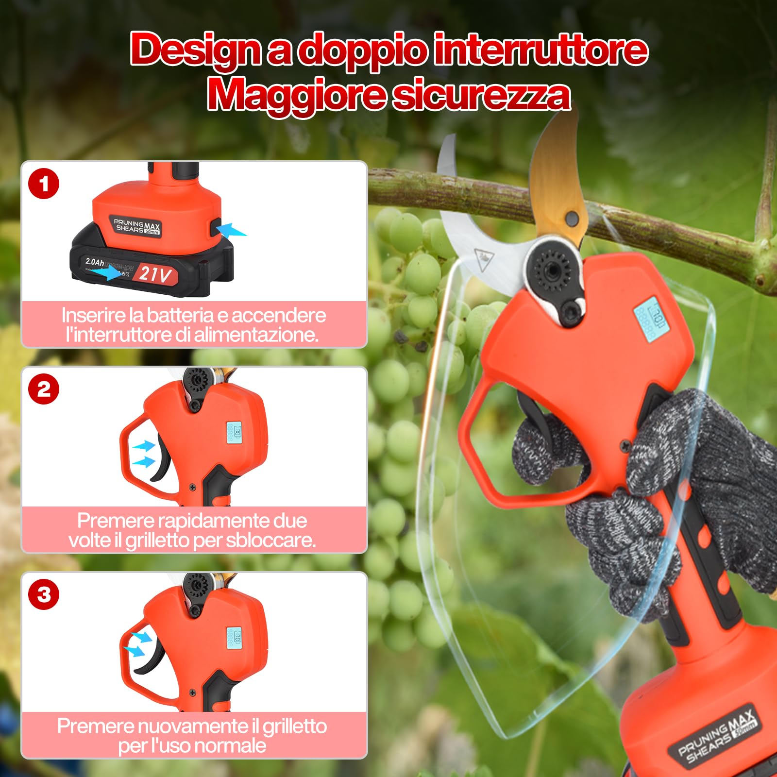 Forbici Potatura a Batteria 50mm 2 x 2000 mAh Brushless 800W | Forbici Elettriche Lama SK5 Schermo LCD Cesoie Elettriche Professionali Regolabile 30-50mm per Potatura Giardino Olivo Ulivo