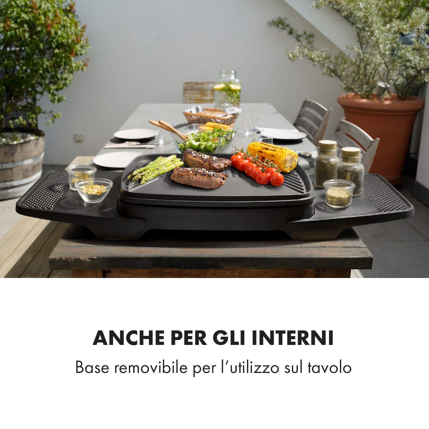 KLARSTEIN Gatsby - Grill Elettrico, 2000W, EasyGrill Concept, Piastra: 40x36 cm in Alluminio Pressofuso Antiaderente, Tavoli Laterali: 20 x 32 cm, Termostato, Ruote, Beige/Nero