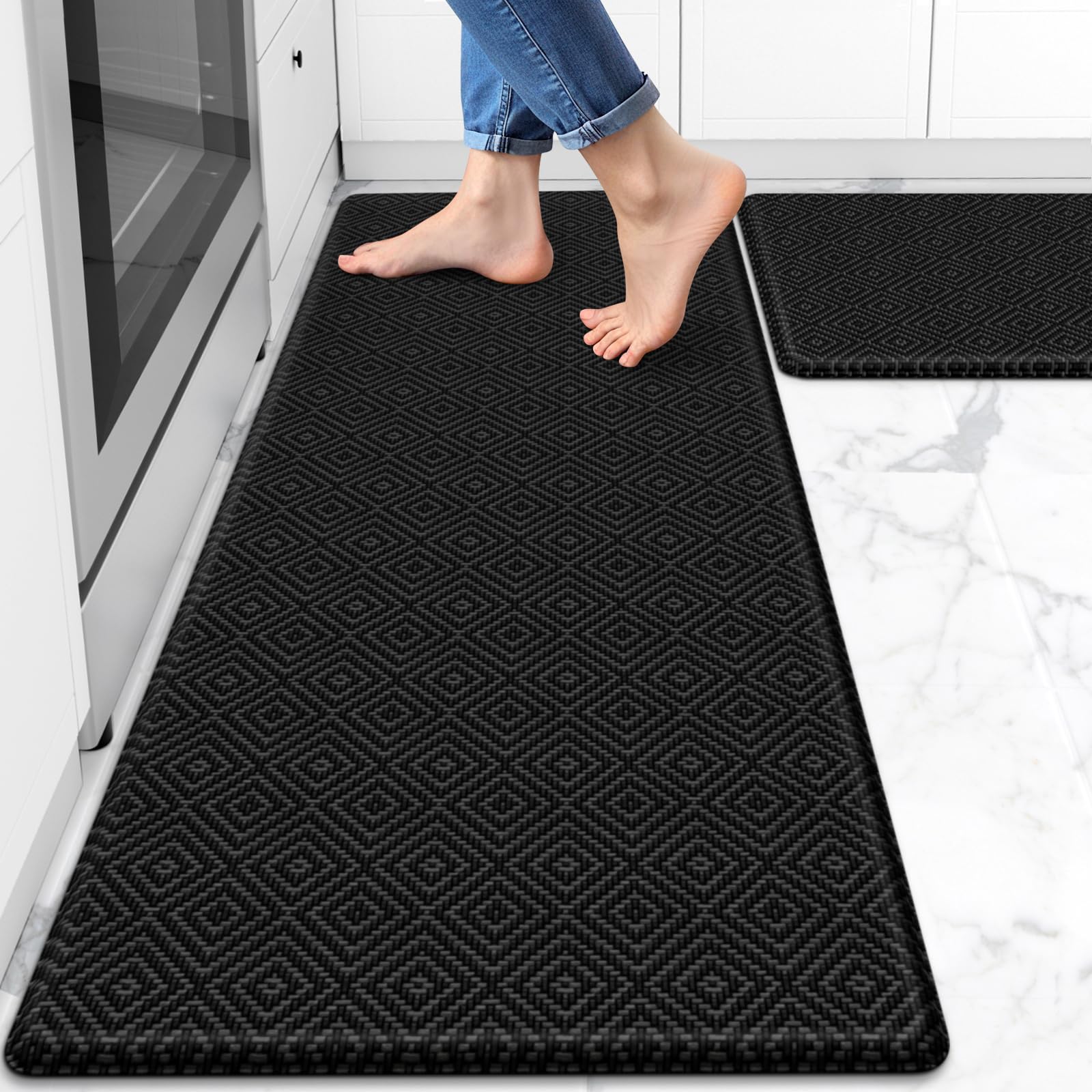 Mattitude Kitchen Mat 2PCS Kitchen Rugs Cushioned Anti-Fatigue Rug Waterproof Standing Desk Mat Kitchen Mats for Floor Kitchen Rug Set for Kitchen, Sink, Office 17.3"×30"+17.3"×47" Black