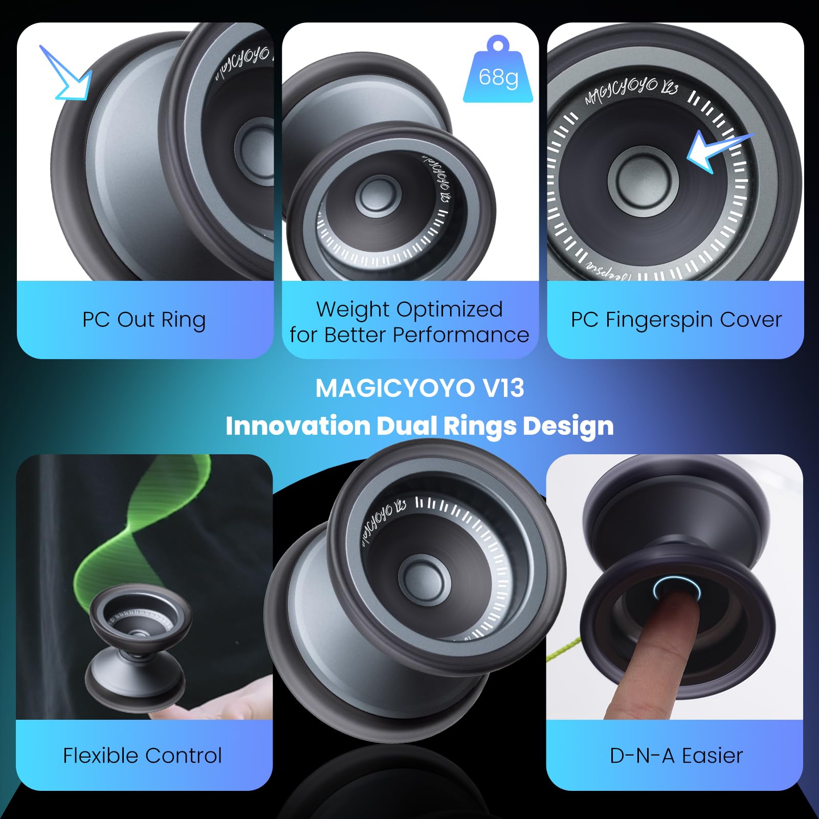 MAGICYOYO V13 Bi-Material Yoyo for Kids 8-12, Dual-Function Yoyo Professional for Responsive and Unresponsive Yo-yo Tricks with 12 Yoyos Strings, Blue Finger Brace, Bearing Kit (Grey+Black Rings)