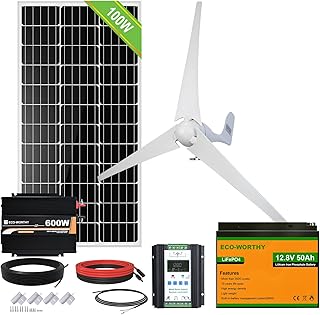 ECO-WORTHY 500W Solar & Wind Power Kits Home Off-Grid System for Charging 12V Battery：50AH Lithium Battery + 400W Wind Turbine Generator & Charge Controller + 100W Mono Solar Panel + 600W Inverter