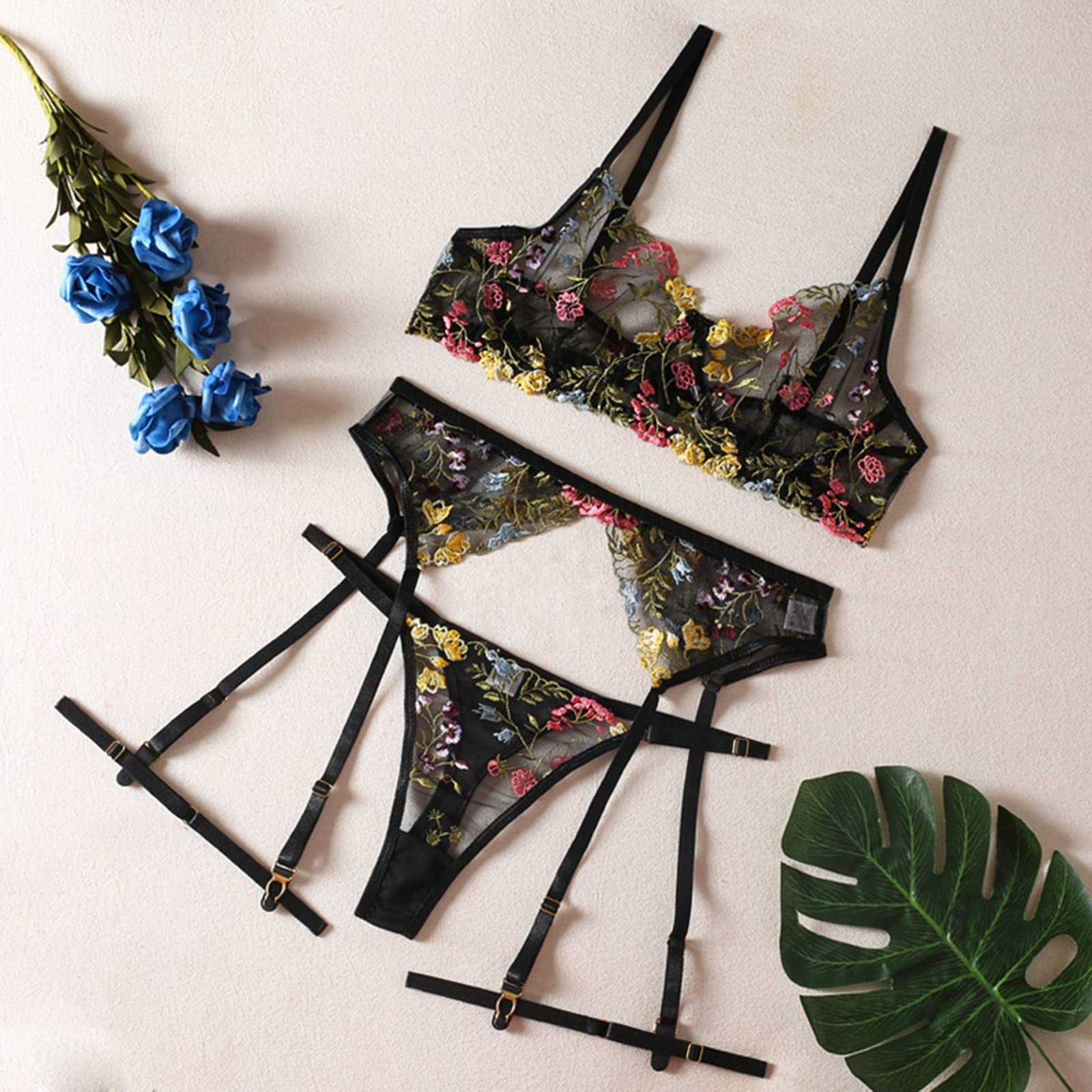 Completino Sexy Donna Hard, Divertente da Donna Reggiseno Sexy Trasparente con Fiori, Giarrettiera, Perizoma, Passante per Le Gambe, Set di Tre Pezzi di Biancheria Intima Divertente