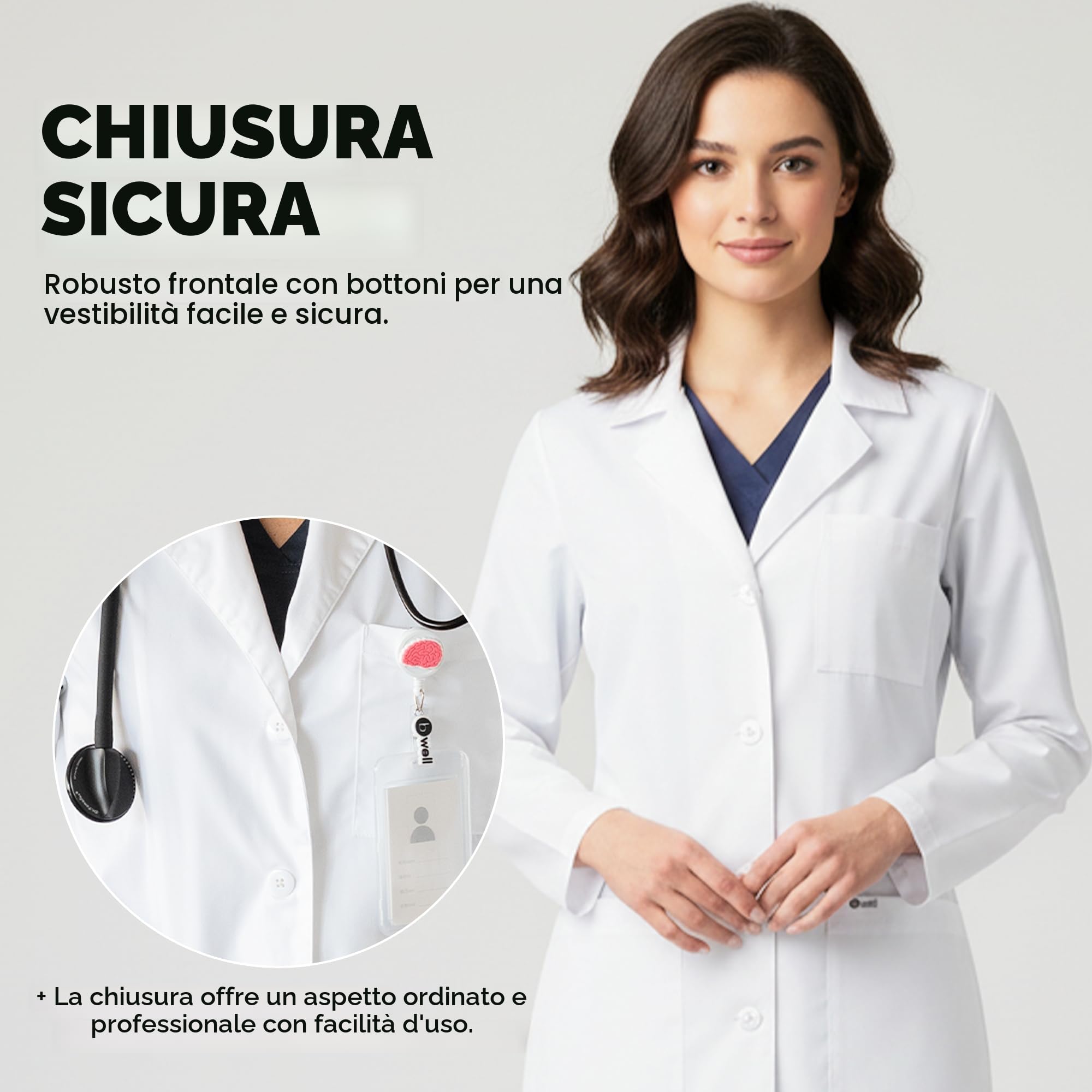 Bwell Bianca Camice da Laboratorio Donna - Camice Bianco - Camice Medico Donna Cappotto Bianco per Laboratorio, Medicina e Studio, 3 Tasche con Bottoni