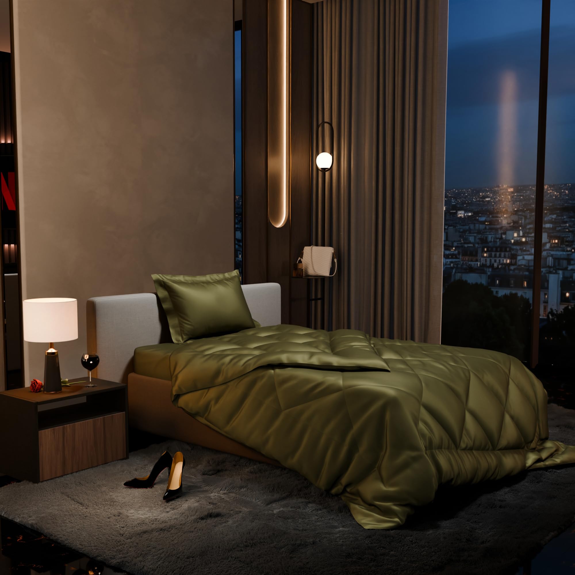 Stoa Paris 300 Tc Satin Comforter Set Single Bed With Satin Bedsheet & Pillow Covers, Complete Bedding Set, Ideal Gifts For Women, Couples, Bedroom Home Furnishing, Date Night Collection - Olive Oasis