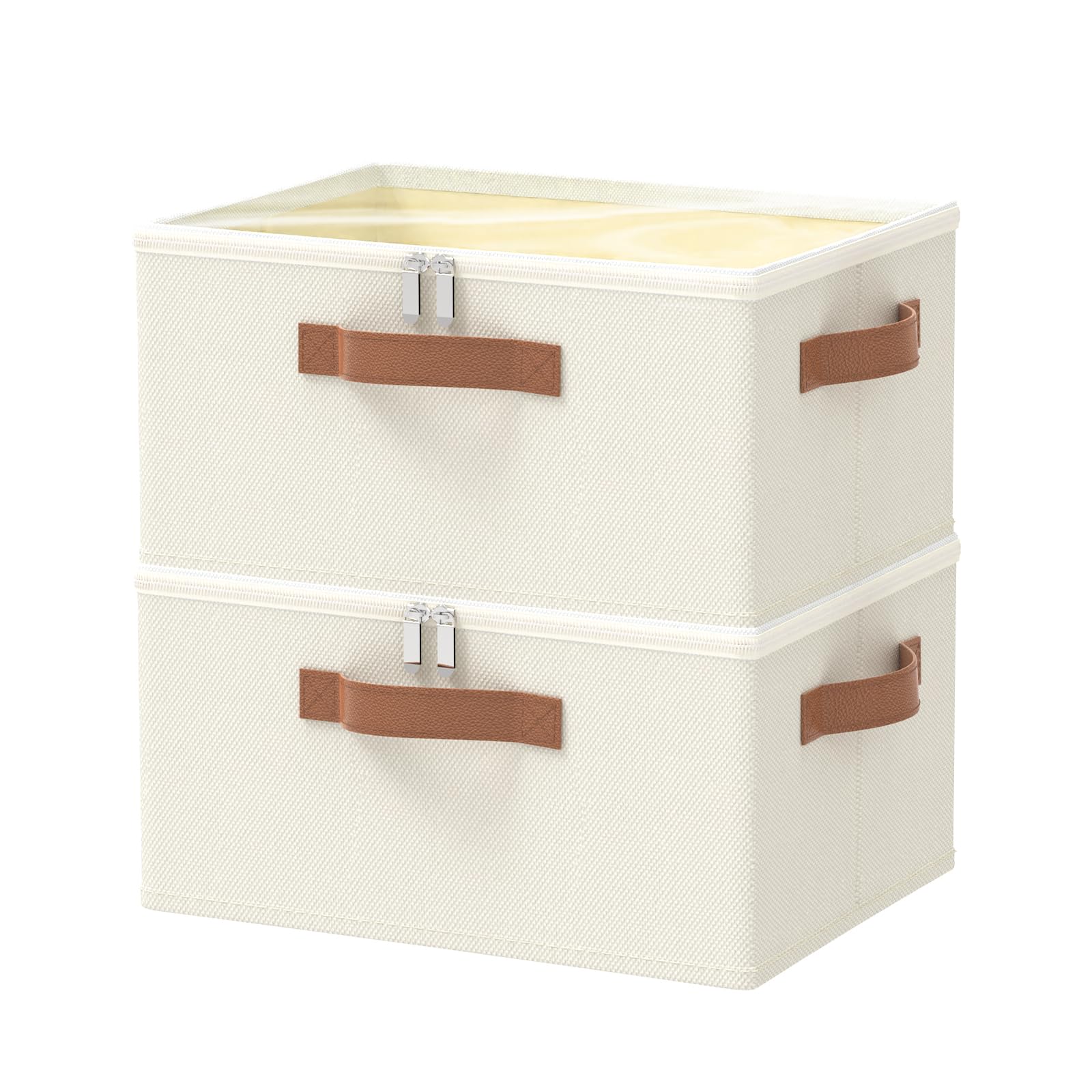 Febzoce Boîte de rangement avec couvercle Grande Boîte de rangement pliable en tissu Corbeille Organiseur Marron clair/Blanc, Grande, 39 x 27 x 25 cm, Lot de 3 pièces
