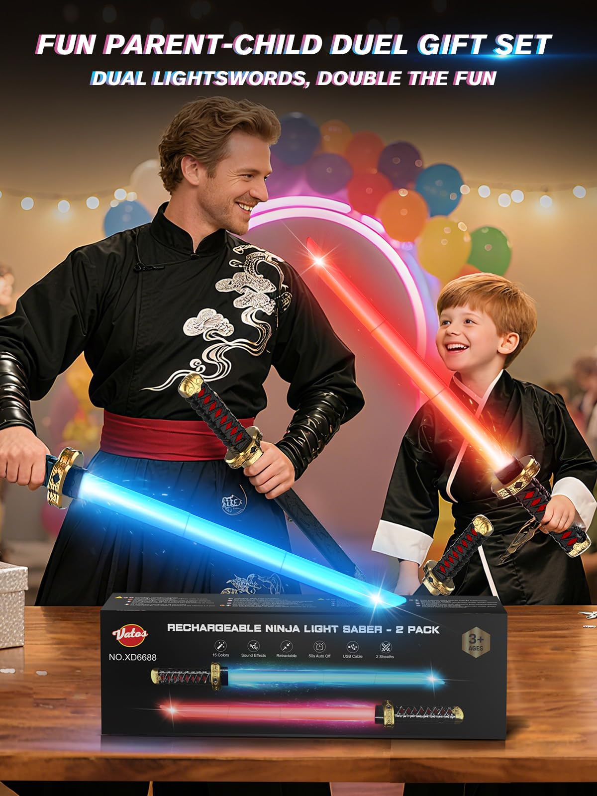 VATOS 2 Sabres Laser Ninja pour Enfants, LED Ninja Sword RGB 15 Couleurs avec étui et Effets Sonores de Combat, Jouets Sabres Laser Rechargeables par USB pour Cosplay, Noël, Halloween et Fans d'anime
