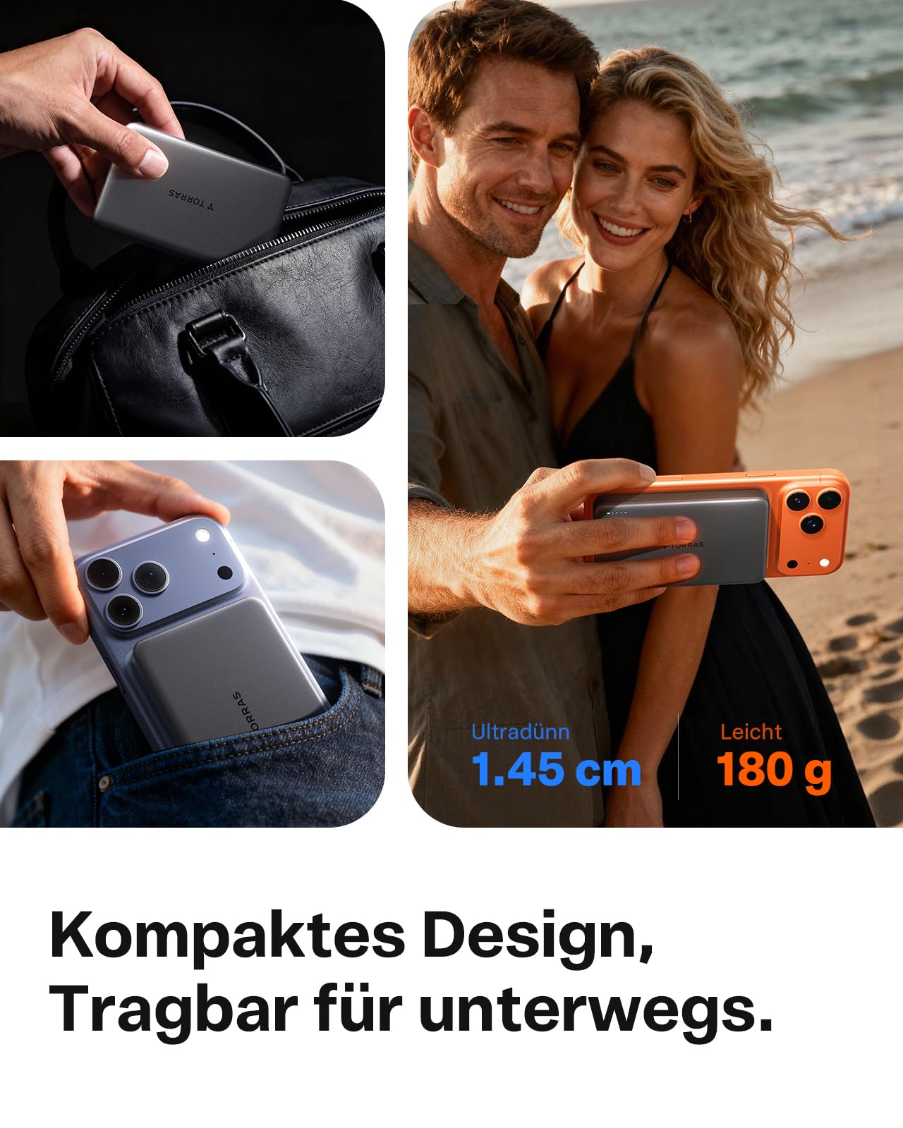 TORRAS MiniMag Powerbank für MagSafe, 10000mAh 22.5W Schnellladen Magnetische Power Bank Slim, Wireless Externe Akkupack mit USB-C-Kabel für iPhone 17 Pro Max/Air/16/15/14/13/12, AirPods, Grau Titan.