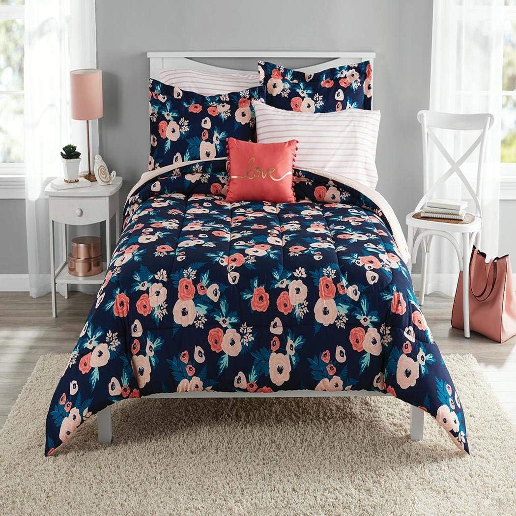 6 Piece Girls Navy Blue Rose Bouquet Comforter With Sheet Twin Twin Xl Set, Coral Pink Whimsical Floral Blooms Pattern, Reversible Blush Pink Stripe Kids Bedding Garden Nature Themed Teen, Microfiber