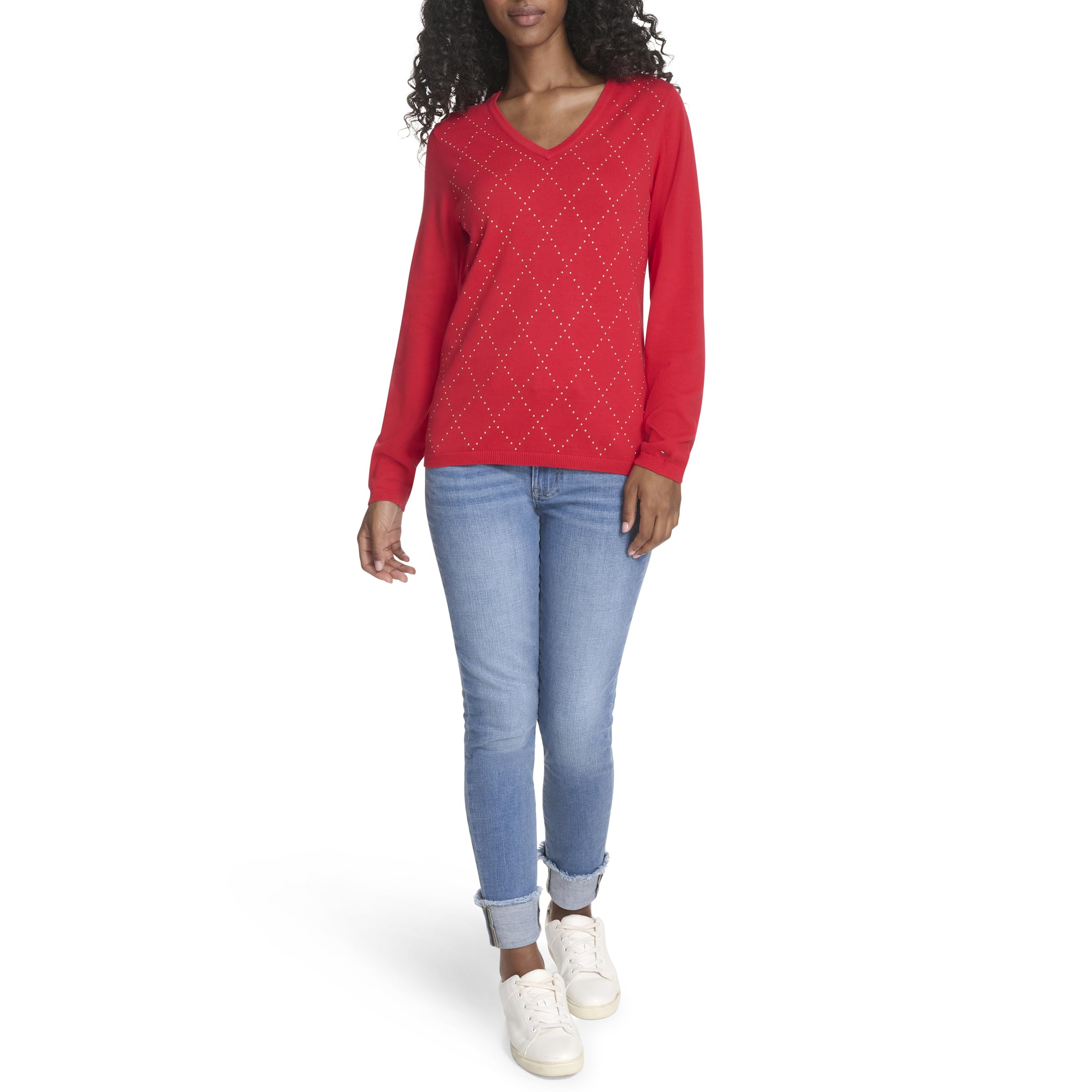 Tommy Hilfiger Damen Long Sleeve V-Neck Hotfix Cotton Sweater Pullover